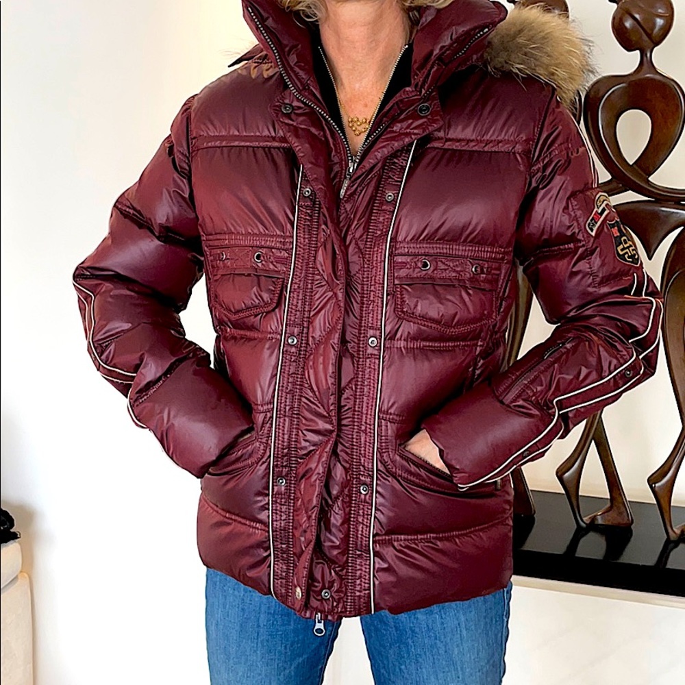 Burgundy Emmegi fur trim hooded ski jacket